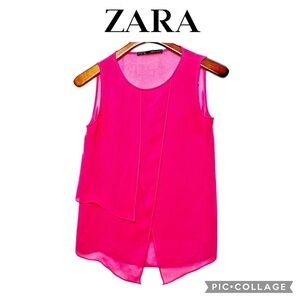 Zara Basic asymmetrical sleeveless chiffon hot pink blouse top size small